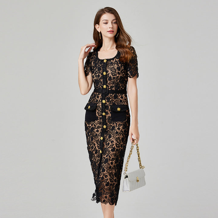 Water-Soluble Hollow Lace Sheath Dress – Black or Pink-SH-DR-0109