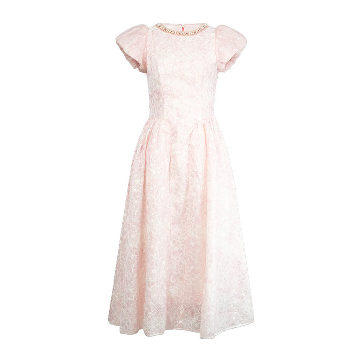Puff Sleeve Wide Hem Lace Dress – Pink or Apricot Elegance-SH-DR-0112