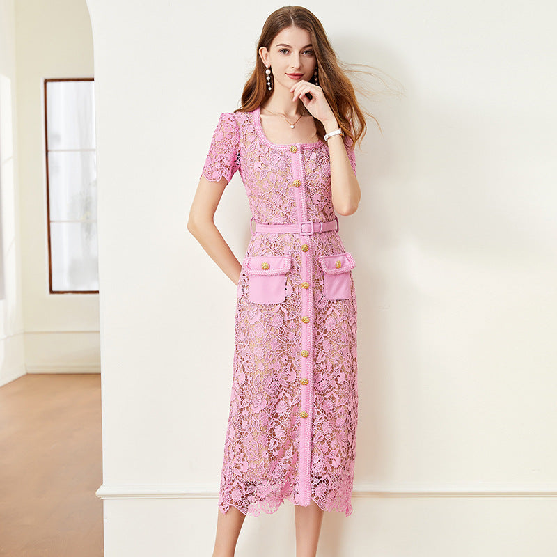Water-Soluble Hollow Lace Sheath Dress – Black or Pink-SH-DR-0109
