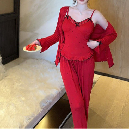 Women’s Long-Sleeve Pajama Set with Trousers and Sling – Cozy Cotton Velvet 3-Piece Set-SH-PJS-0114