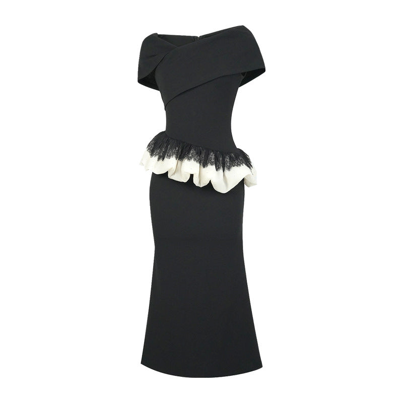 Off-Shoulder Ruffled Slimming Sheath Dress – Black Elegance-SH-DR-0114