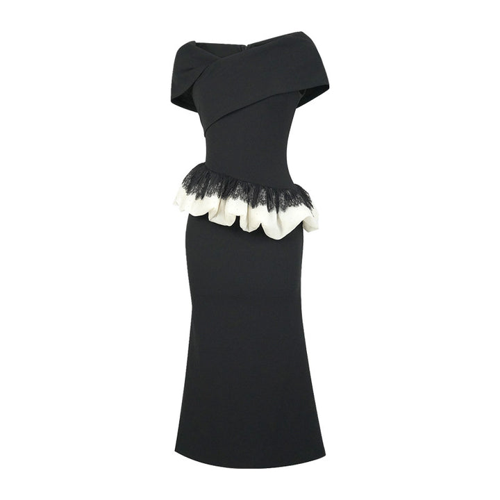Off-Shoulder Ruffled Slimming Sheath Dress – Black Elegance-SH-DR-0114