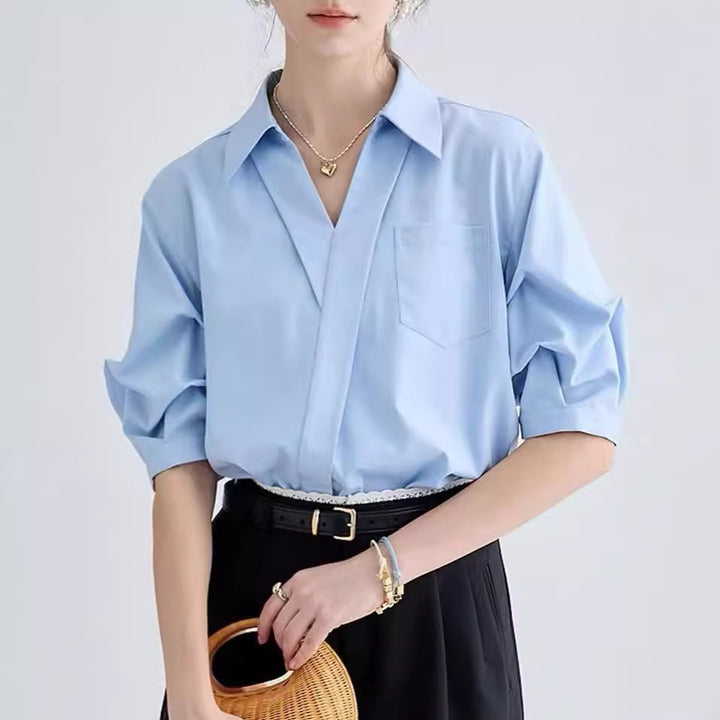 Elegant French V-Neck Stitching Blouse – Solid Color Half Sleeve Top for Women-SH-TOP-009