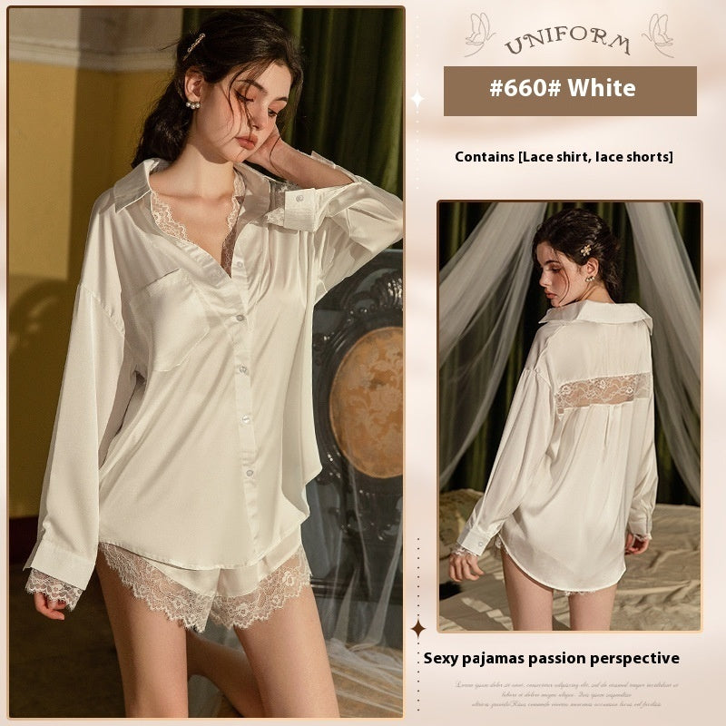 Elegant Lace-Trimmed Two-Piece Ice Silk Homewear Set – Comfortable & Stylish-SH-LNG-0117