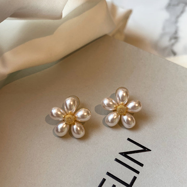 Sterling Silver Needle Flower Pearl Stud Earrings – Elegant Floral Design for Women-SH-FJ-002