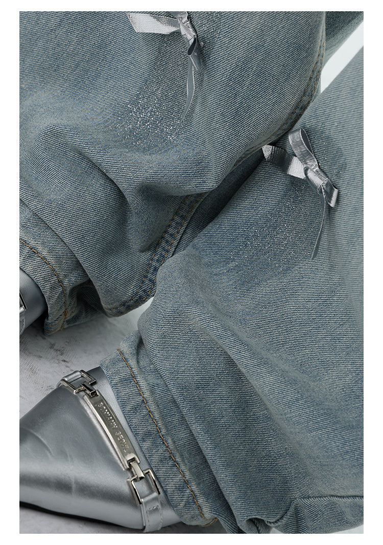 Retro Bow Wide-Leg Ripped Jeans – High Waist Straight-Leg Pants -SH-BT-021