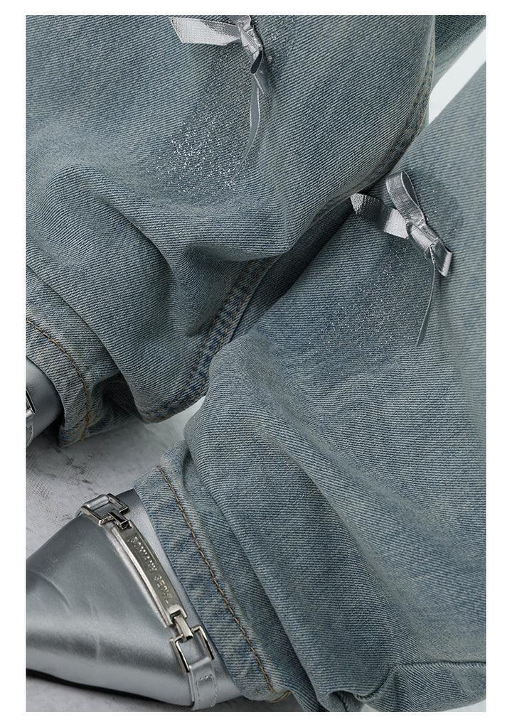 Retro Bow Wide-Leg Ripped Jeans – High Waist Straight-Leg Pants -SH-BT-021