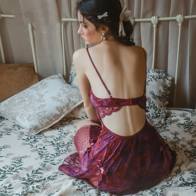 Sweet Butterfly Print Deep V Backless Nightdress with Chest Pad – Sexy & Comfortable Loungewear-SH-LNG-0121