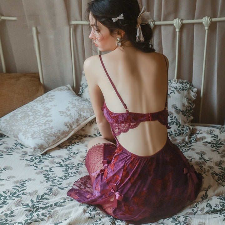 Sweet Butterfly Print Deep V Backless Nightdress with Chest Pad – Sexy & Comfortable Loungewear-SH-LNG-0121