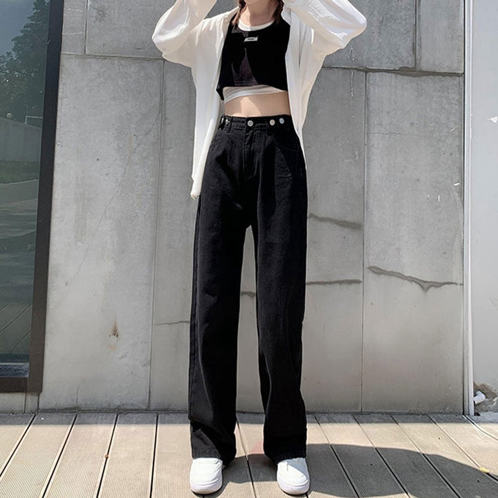 Women's High Waist Adjustable Straight Jeans – Loose Fit Cotton Denim Pants-SH-BT-009