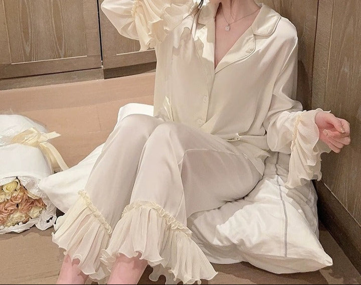Ice Silk Ruffled Pajama Set – Women's Retro Court Style Sleepwear (Top & Pants)-SH-PJS-0121