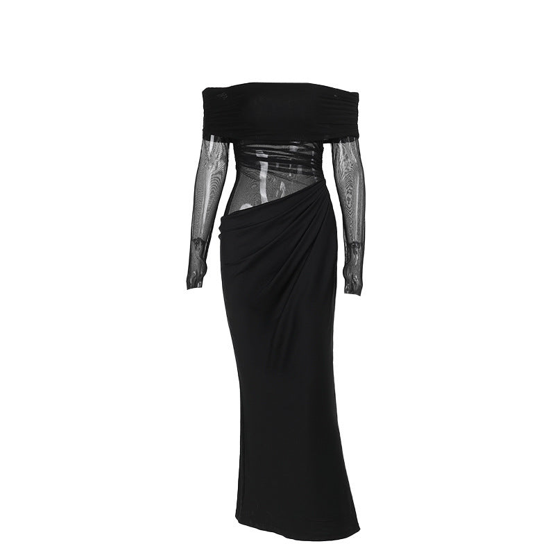Off-Shoulder Mesh Hollow Dress – Black High Waist Long Sleeve Bodycon Dress for Women-SH-TRD-001