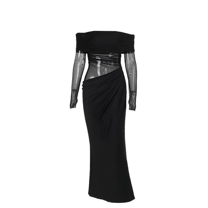 Off-Shoulder Mesh Hollow Dress – Black High Waist Long Sleeve Bodycon Dress for Women-SH-TRD-001