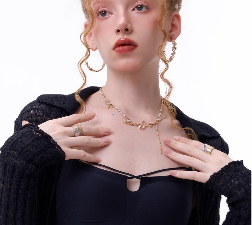INS Style Personalized Clavicle Necklace – Retro Copper Chain with Cubic Zirconia-SH-FJ-019
