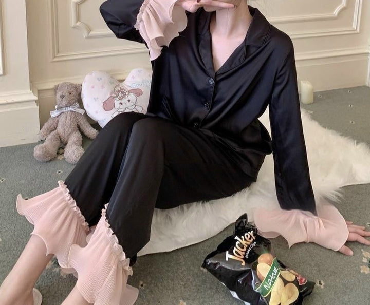 Ice Silk Ruffled Pajama Set – Women's Retro Court Style Sleepwear (Top & Pants)-SH-PJS-0121