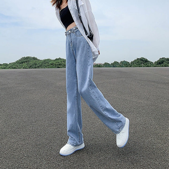 Women's High Waist Adjustable Straight Jeans – Loose Fit Cotton Denim Pants-SH-BT-009