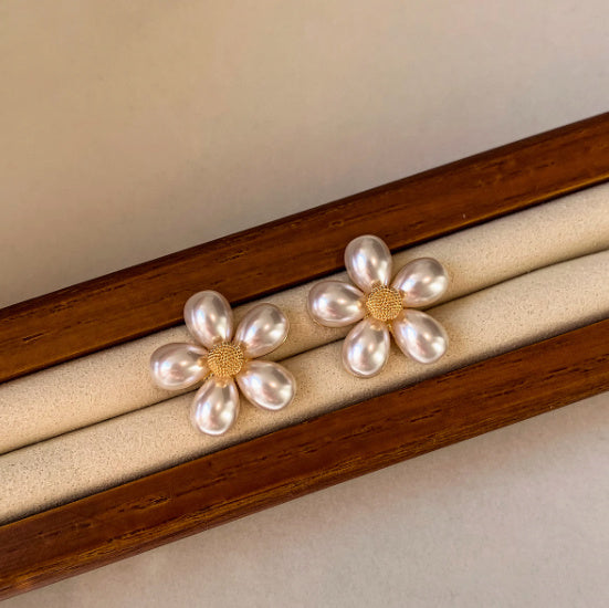Sterling Silver Needle Flower Pearl Stud Earrings – Elegant Floral Design for Women-SH-FJ-002