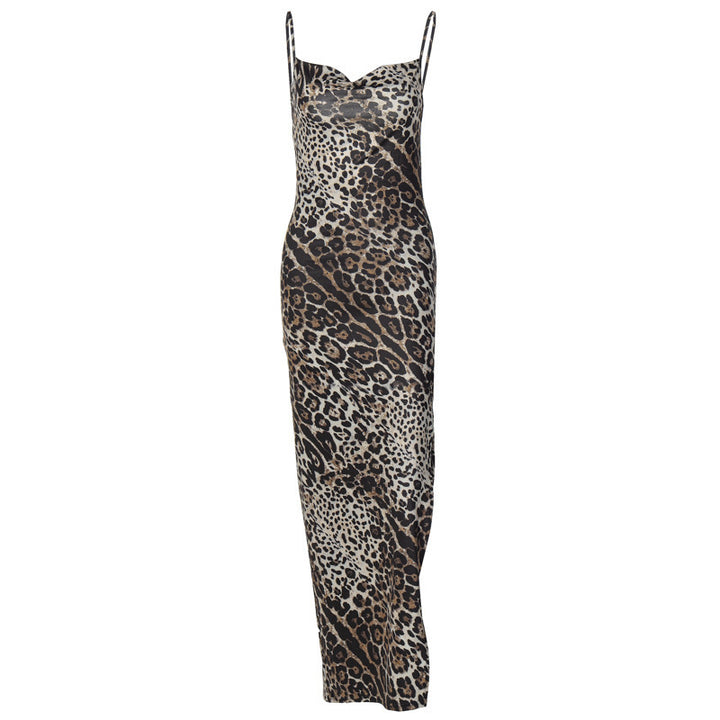 Sexy Backless Slit Thigh-exposed Irregular Leopard Strap Zebra Print Slim Fit Long Dress