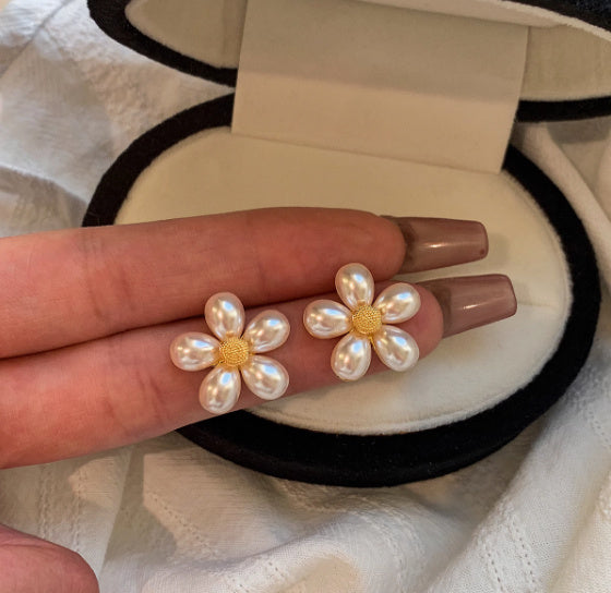 Sterling Silver Needle Flower Pearl Stud Earrings – Elegant Floral Design for Women-SH-FJ-002