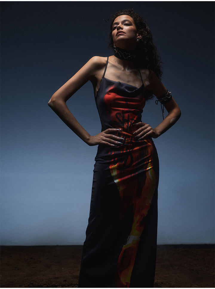 Ladies Flame Printed Backless Halter Neck Long Dress - JOcaste