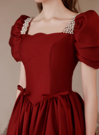Elegant Wine Red Satin Evening Gown with Puff Sleeves-SH-WD-0456