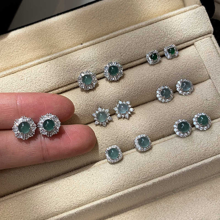 925 Sterling Silver Emerald Stud Earrings – Gold-Plated with Diamond Accents-SH-FJ-005