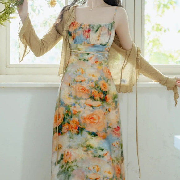 Vintage Skirt French Dress Oil Painting Suspender Cardigan With Two-piece Set