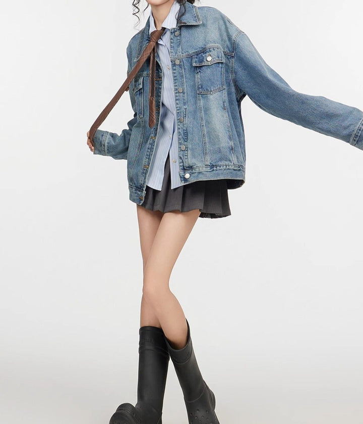 Women’s Retro Blue Loose Denim Coat – Long Sleeve Polo Collar Jacket-SH-TOP-001