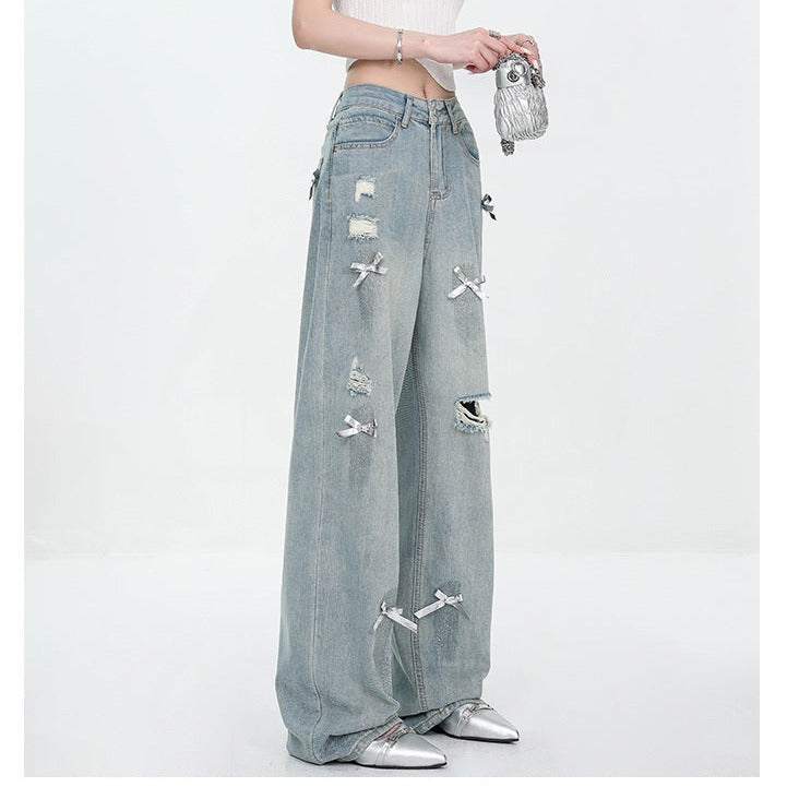 Retro Bow Wide-Leg Ripped Jeans – High Waist Straight-Leg Pants -SH-BT-021