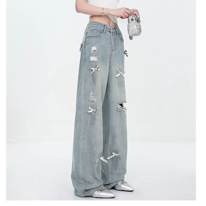 Retro Bow Wide-Leg Ripped Jeans – High Waist Straight-Leg Pants -SH-BT-021