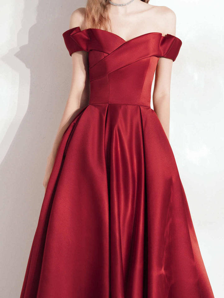 Wine Red Satin Brocade Long Evening Dress – Elegant Dinner Gown | XS–XL