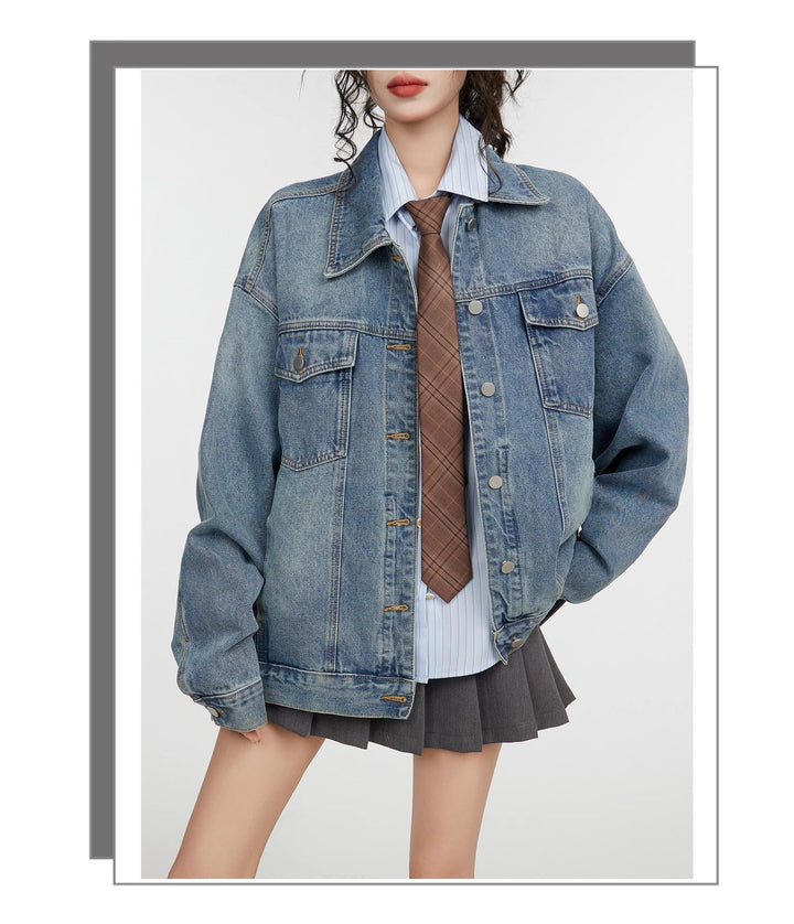 Women’s Retro Blue Loose Denim Coat – Long Sleeve Polo Collar Jacket-SH-TOP-001